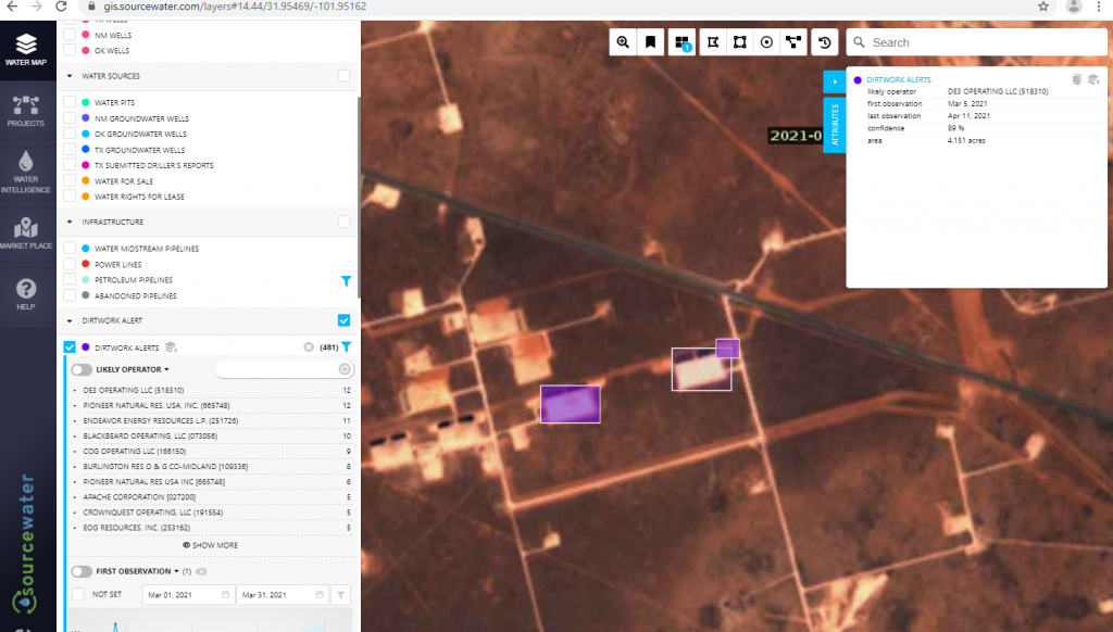 Sourcewater DirtWork Alert detects new  oil pad development and activity.